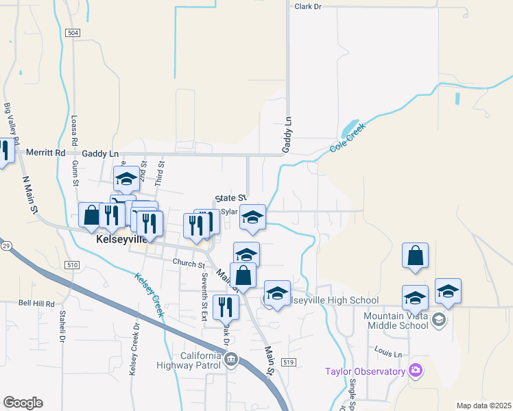 map of restaurants, bars, coffee shops, grocery stores, and more near 4455 Sylar Lane in Kelseyville