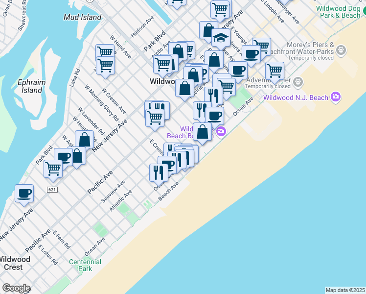 map of restaurants, bars, coffee shops, grocery stores, and more near 5200 Ocean Avenue in Wildwood