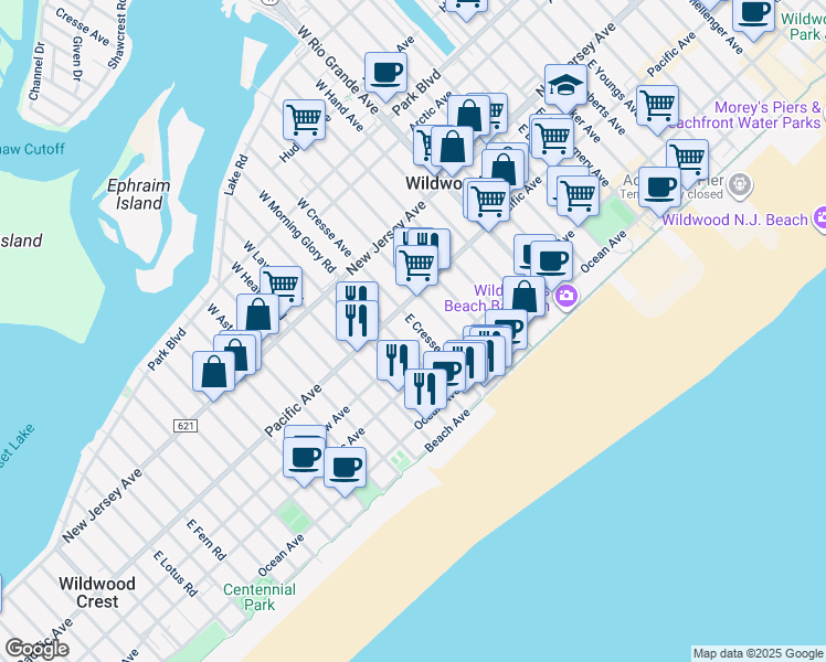 map of restaurants, bars, coffee shops, grocery stores, and more near in Wildwood Crest