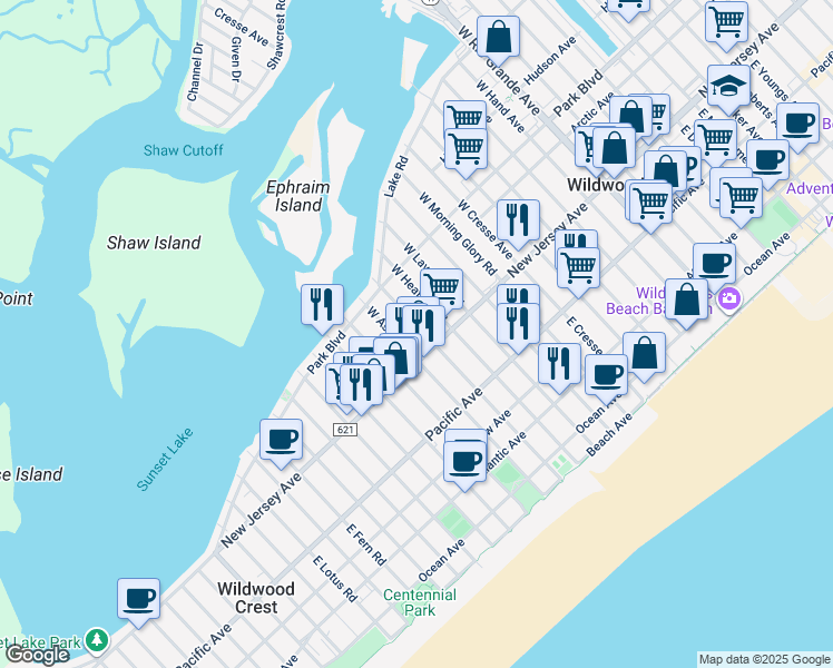 map of restaurants, bars, coffee shops, grocery stores, and more near 5918 New Jersey Avenue in Wildwood Crest