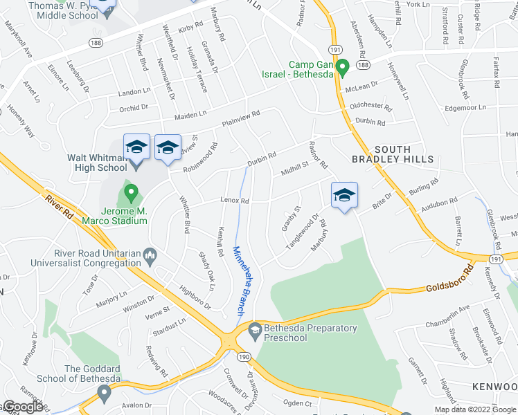 map of restaurants, bars, coffee shops, grocery stores, and more near 5904 Lenox Road in Bethesda