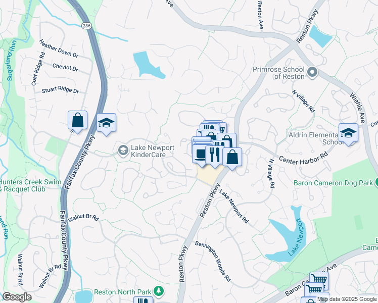 map of restaurants, bars, coffee shops, grocery stores, and more near 1519 North Point Drive in Reston