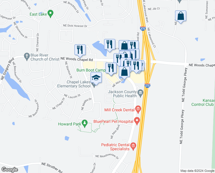 map of restaurants, bars, coffee shops, grocery stores, and more near 3620 Northeast Akin Boulevard in Lee's Summit