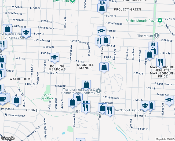 map of restaurants, bars, coffee shops, grocery stores, and more near 836 East 82nd Street in Kansas City