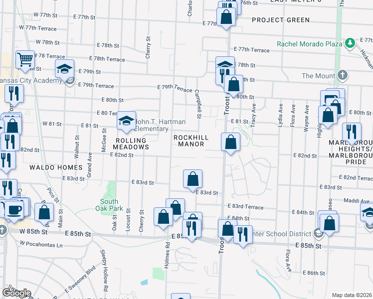 map of restaurants, bars, coffee shops, grocery stores, and more near 836 East 82nd Street in Kansas City