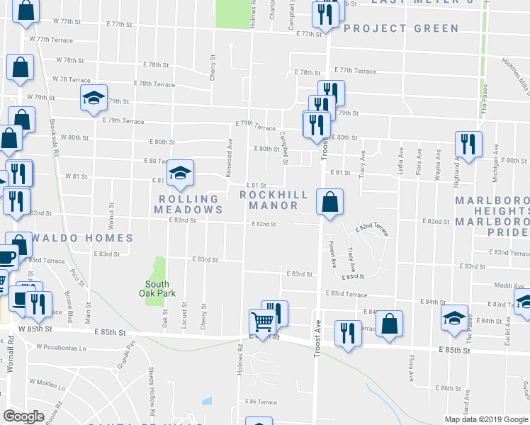 map of restaurants, bars, coffee shops, grocery stores, and more near 836 East 82nd Street in Kansas City