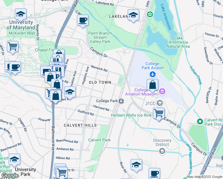 map of restaurants, bars, coffee shops, grocery stores, and more near 7404 Columbia Avenue in College Park