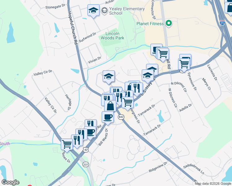 map of restaurants, bars, coffee shops, grocery stores, and more near 8424 Winthrop Place in Florence