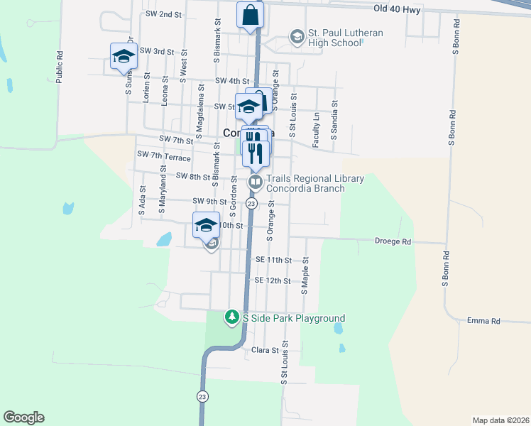 map of restaurants, bars, coffee shops, grocery stores, and more near 911 South Orange Street in Concordia