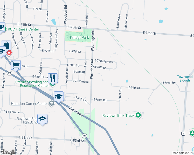 map of restaurants, bars, coffee shops, grocery stores, and more near 12117 East 78 Terrace in Kansas City