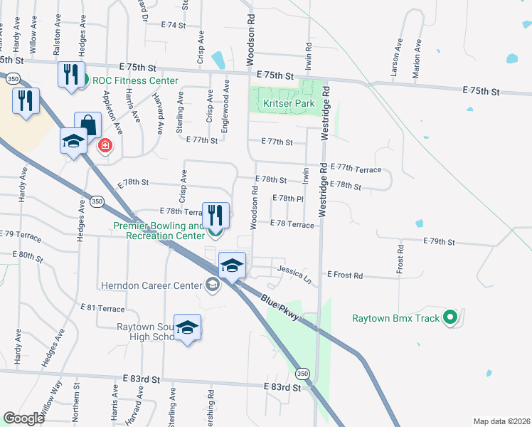 map of restaurants, bars, coffee shops, grocery stores, and more near 11613 East 78 Terrace in Raytown
