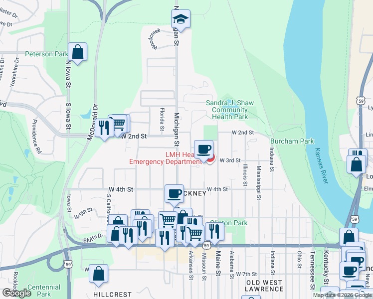 map of restaurants, bars, coffee shops, grocery stores, and more near 245 Arkansas Street in Lawrence