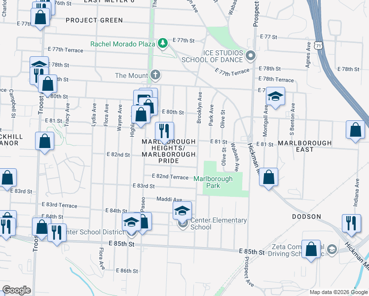 map of restaurants, bars, coffee shops, grocery stores, and more near 2121 East 81st Terrace in Kansas City