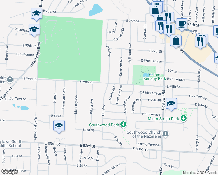 map of restaurants, bars, coffee shops, grocery stores, and more near 7911 Elm Avenue in Raytown