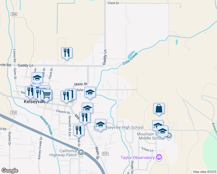 map of restaurants, bars, coffee shops, grocery stores, and more near 4540 Sylar Lane in Kelseyville
