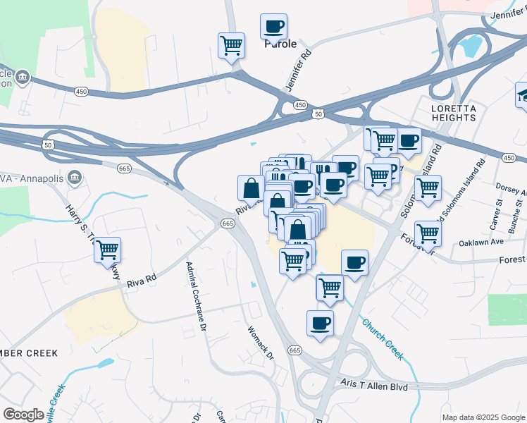 map of restaurants, bars, coffee shops, grocery stores, and more near 130 Hearne Road in Annapolis