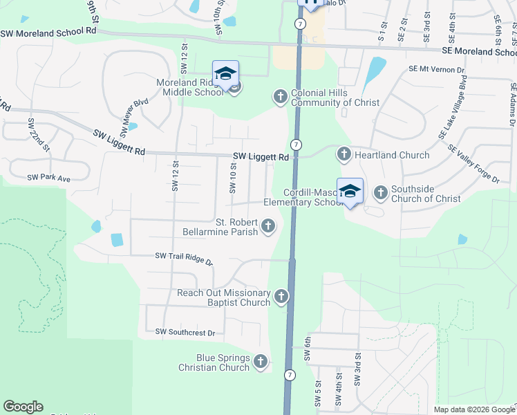 map of restaurants, bars, coffee shops, grocery stores, and more near 4104 Southwest 9 Street in Blue Springs