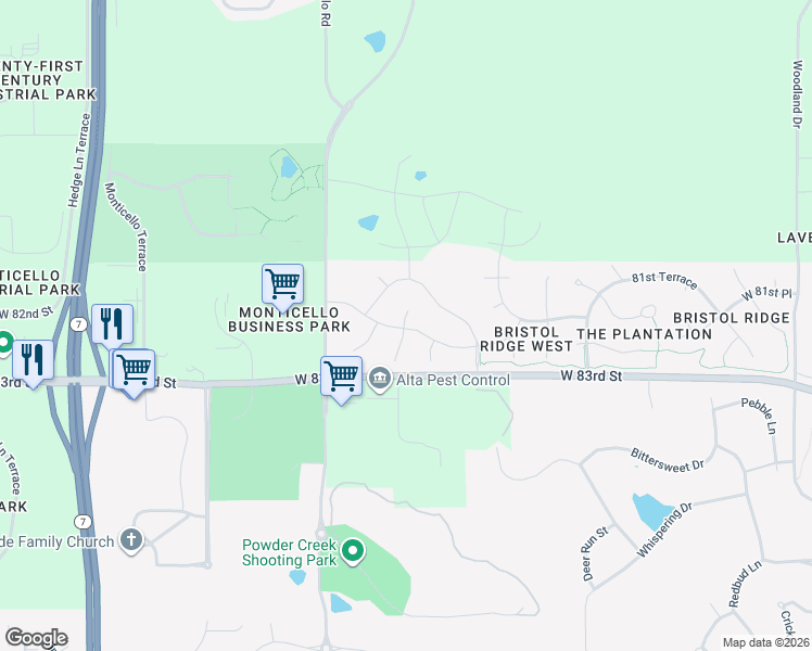 map of restaurants, bars, coffee shops, grocery stores, and more near 21384-21540 West 83rd Street in Lenexa