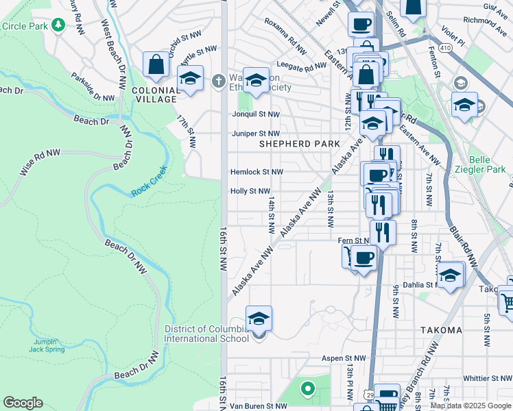 map of restaurants, bars, coffee shops, grocery stores, and more near 1419 Geranium Street Northwest in Washington