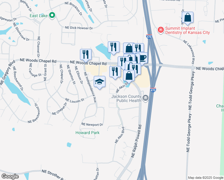 map of restaurants, bars, coffee shops, grocery stores, and more near 3620 Northeast Akin Boulevard in Lee's Summit