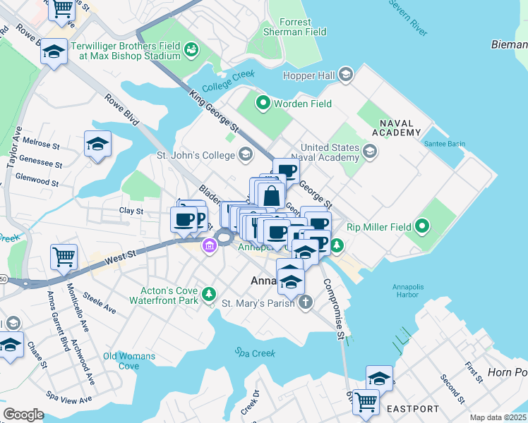 map of restaurants, bars, coffee shops, grocery stores, and more near 2 Randall Court in Annapolis
