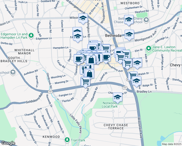 map of restaurants, bars, coffee shops, grocery stores, and more near 7001 Arlington Road in Bethesda