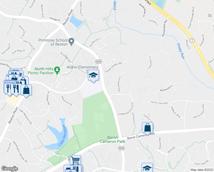 map of restaurants, bars, coffee shops, grocery stores, and more near 1322 Pavilion Club Way in Reston