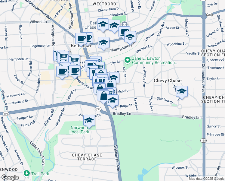 map of restaurants, bars, coffee shops, grocery stores, and more near 4501 Walsh Street in Chevy Chase