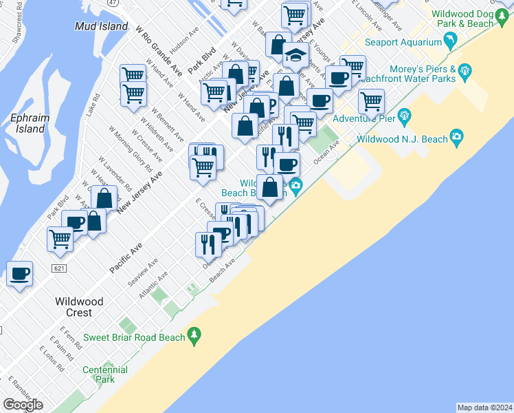 map of restaurants, bars, coffee shops, grocery stores, and more near 5200 Ocean Avenue in Wildwood