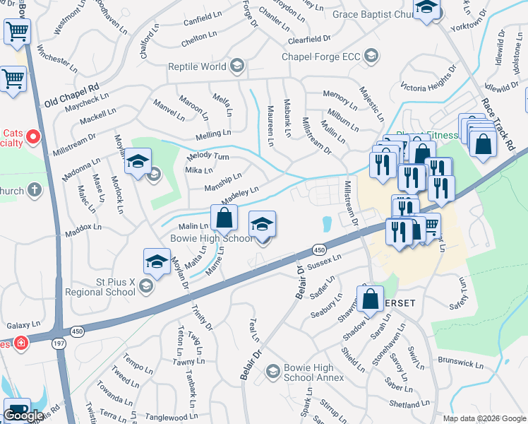 map of restaurants, bars, coffee shops, grocery stores, and more near in Bowie