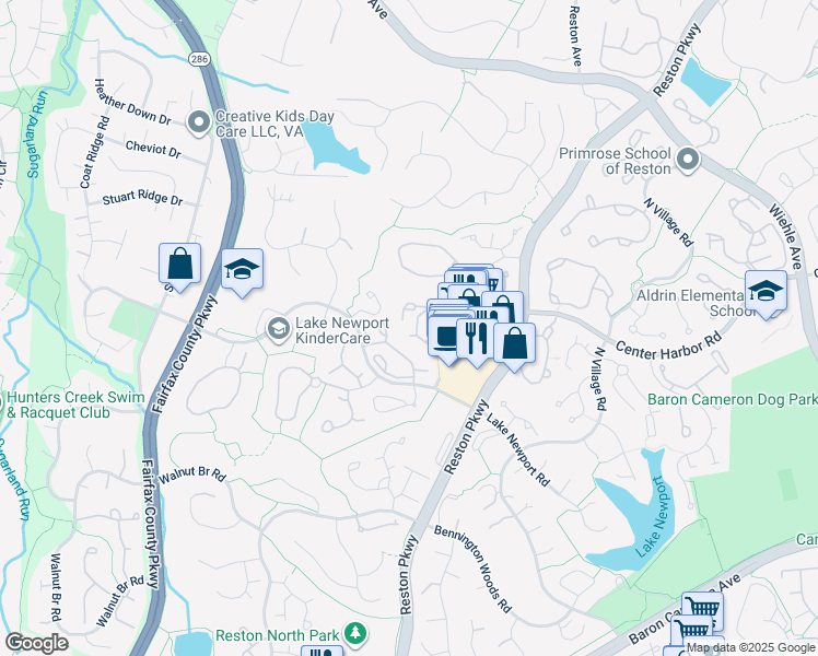 map of restaurants, bars, coffee shops, grocery stores, and more near 1520 North Point Drive in Reston