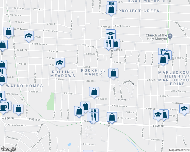 map of restaurants, bars, coffee shops, grocery stores, and more near 836 East 82nd Street in Kansas City