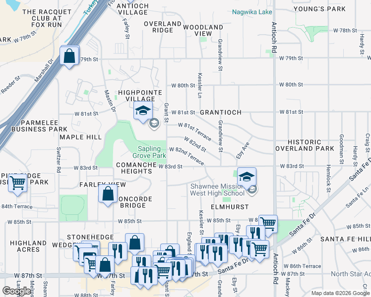 map of restaurants, bars, coffee shops, grocery stores, and more near 9301 West 82nd Terrace in Overland Park
