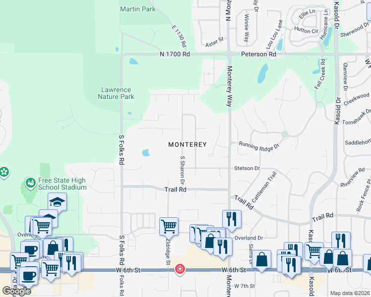 map of restaurants, bars, coffee shops, grocery stores, and more near 208 Sharon Drive in Lawrence
