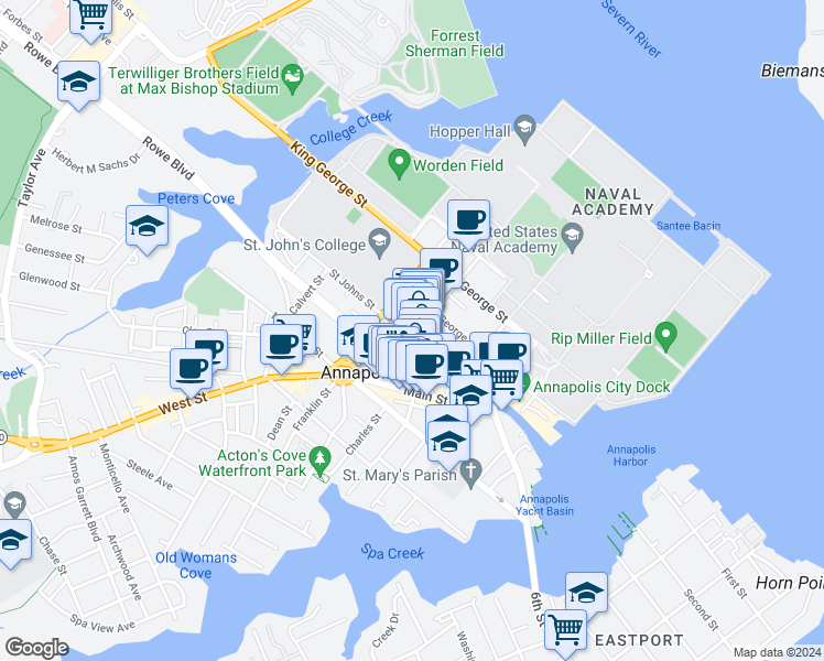 map of restaurants, bars, coffee shops, grocery stores, and more near 80 Maryland Avenue in Annapolis