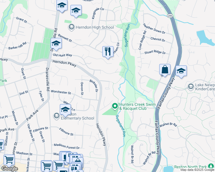 map of restaurants, bars, coffee shops, grocery stores, and more near 1105 Criton Street in Herndon