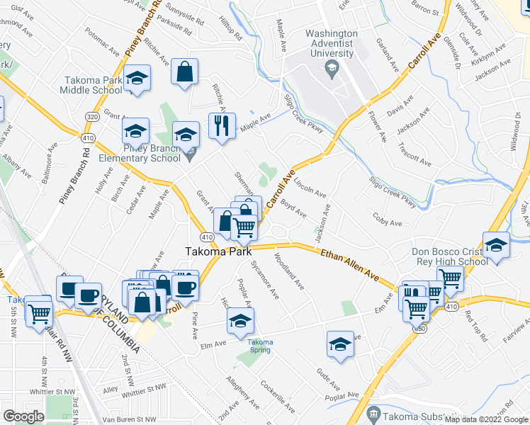 map of restaurants, bars, coffee shops, grocery stores, and more near Carroll Ave & Sherman Ave in Takoma Park