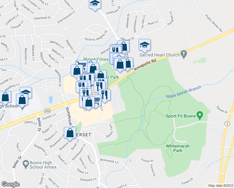 map of restaurants, bars, coffee shops, grocery stores, and more near 13105 Silver Maple Court in Bowie