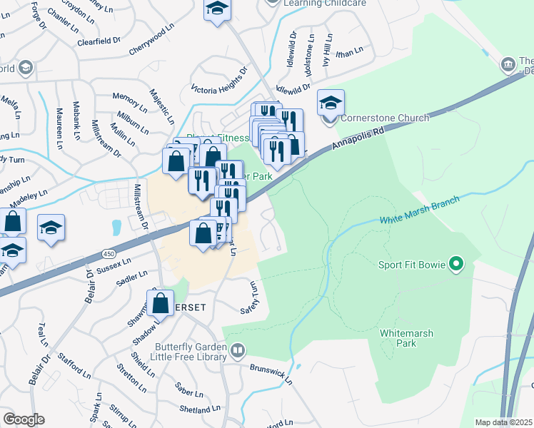 map of restaurants, bars, coffee shops, grocery stores, and more near 13105 Silver Maple Court in Bowie