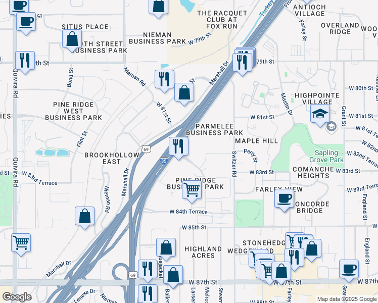 map of restaurants, bars, coffee shops, grocery stores, and more near 8207 Melrose Drive in Overland Park