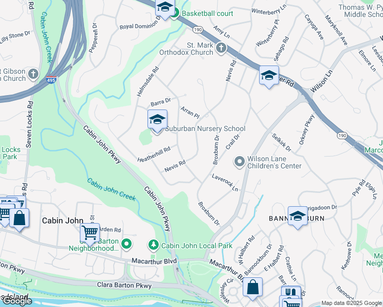 map of restaurants, bars, coffee shops, grocery stores, and more near 7004 Nevis Road in Bethesda