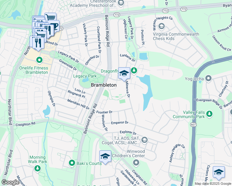 map of restaurants, bars, coffee shops, grocery stores, and more near 22995 Minerva Drive in Ashburn