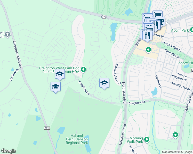 map of restaurants, bars, coffee shops, grocery stores, and more near 42119 Picasso Square in Brambleton