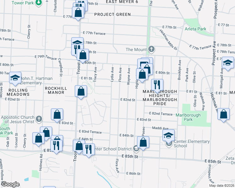 map of restaurants, bars, coffee shops, grocery stores, and more near 8106 Flora Avenue in Kansas City