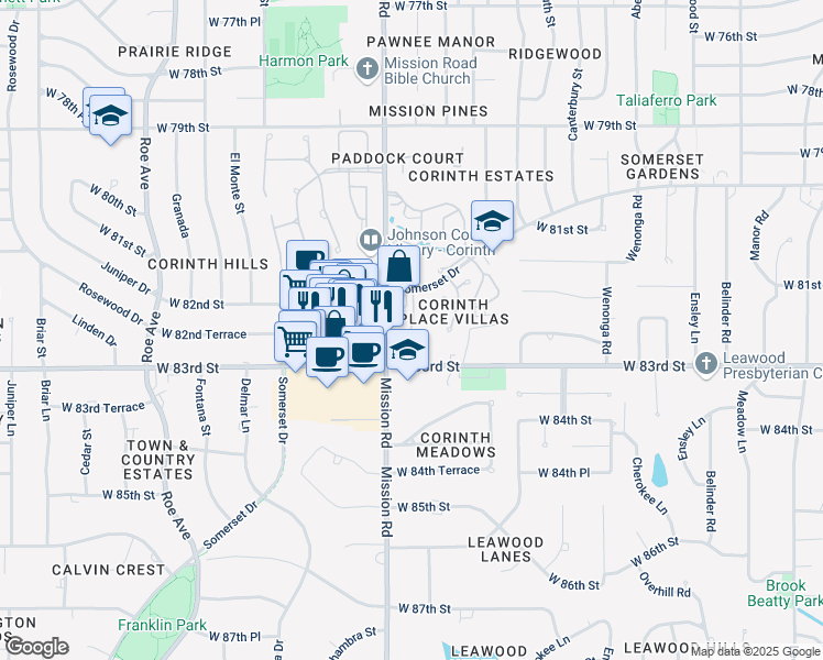 map of restaurants, bars, coffee shops, grocery stores, and more near 3801 Somerset Drive in Prairie Village