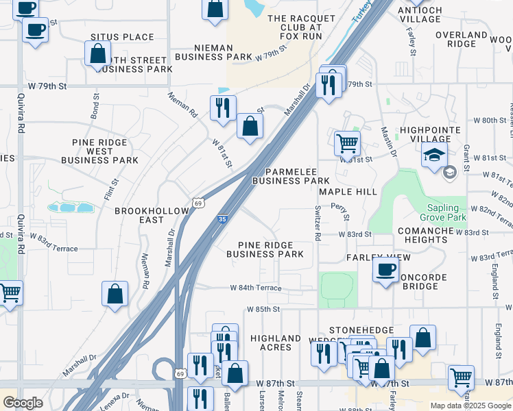 map of restaurants, bars, coffee shops, grocery stores, and more near 8135 Lenexa Drive in Overland Park