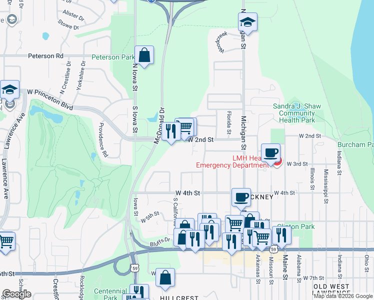 map of restaurants, bars, coffee shops, grocery stores, and more near 1805 West 2nd Street in Lawrence