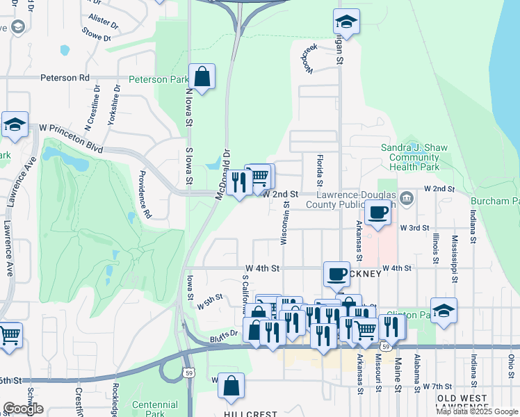 map of restaurants, bars, coffee shops, grocery stores, and more near 1805 West 2nd Street in Lawrence