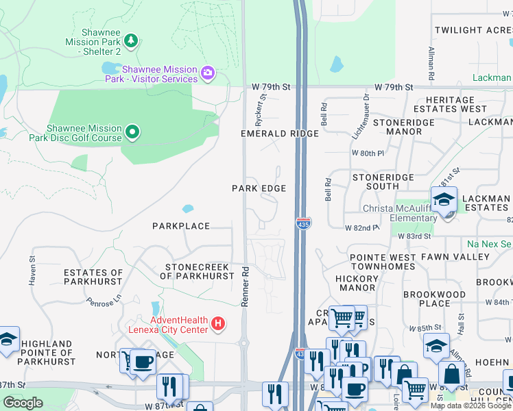 map of restaurants, bars, coffee shops, grocery stores, and more near 8125 Renner Road in Lenexa