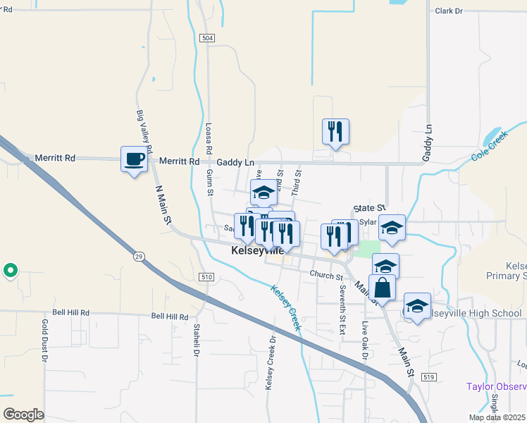 map of restaurants, bars, coffee shops, grocery stores, and more near 3980 Gard Street in Kelseyville